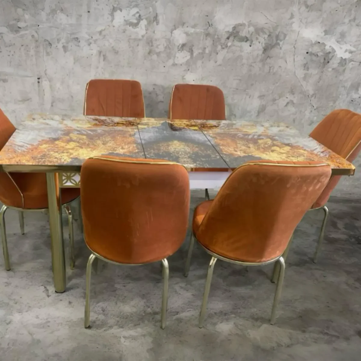 Orange Gold Effect Dining Table with 6 Chairs - Image 3