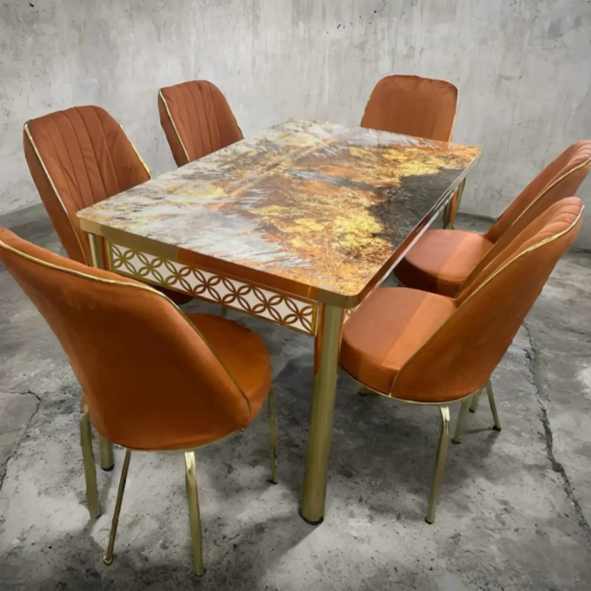 Orange Gold Effect Dining Table with 6 Chairs - Image 1